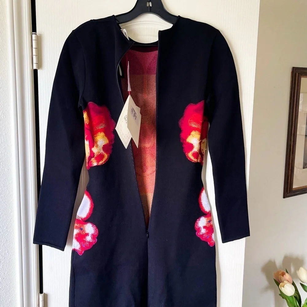 Alexander McQueen Orchid Jacquard Midi Dress Cutouts Medium Black Red Yellow NWT - Picture 7 of 15